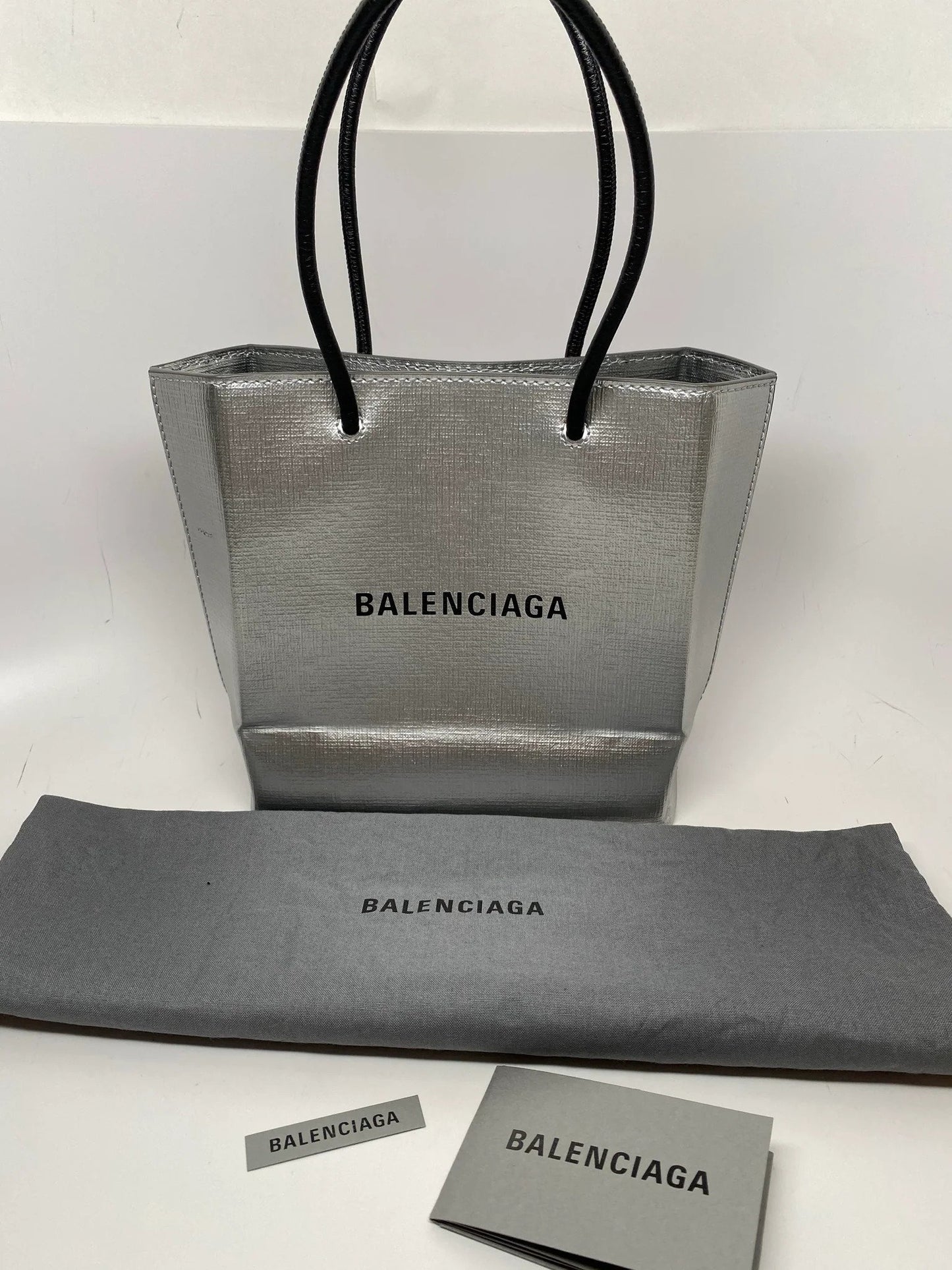 BALENCIAGA SHOPPING XXS NORTH SOUTH SILVER TOTE BAG