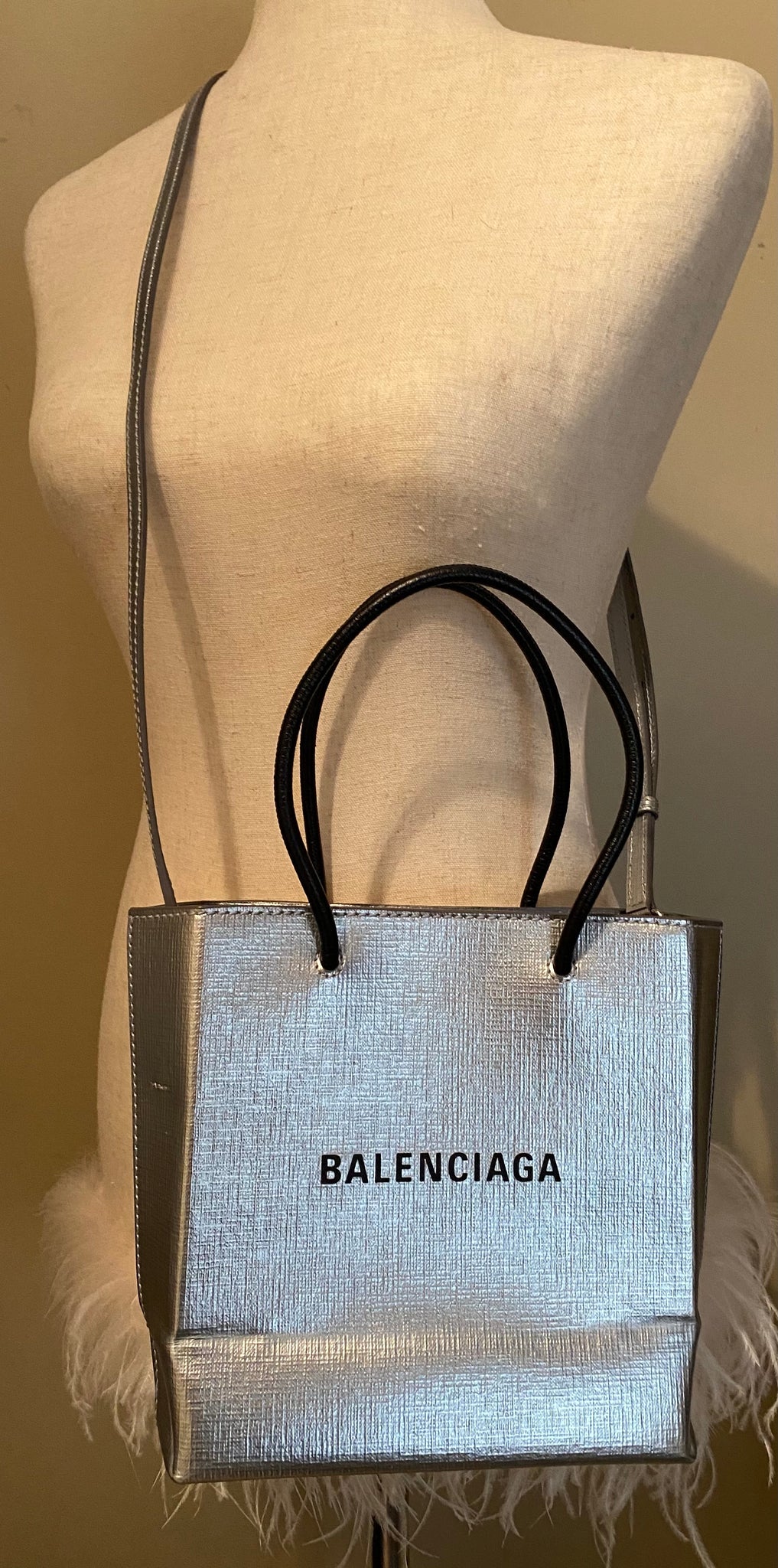 BALENCIAGA SHOPPING XXS NORTH SOUTH SILVER TOTE BAG
