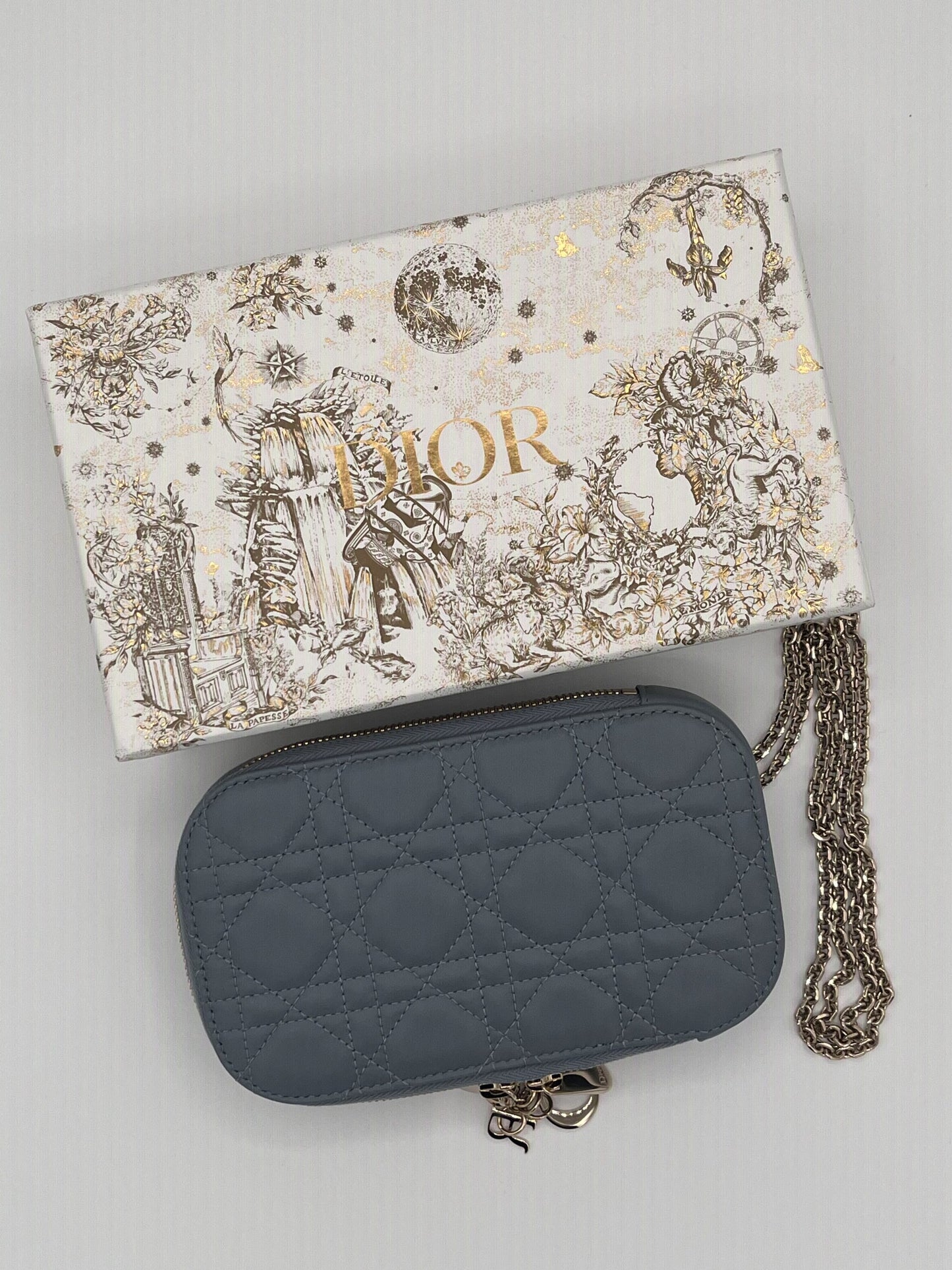 Dior Montaigne Phone Holder with Chain Strap - Blue Calfskin