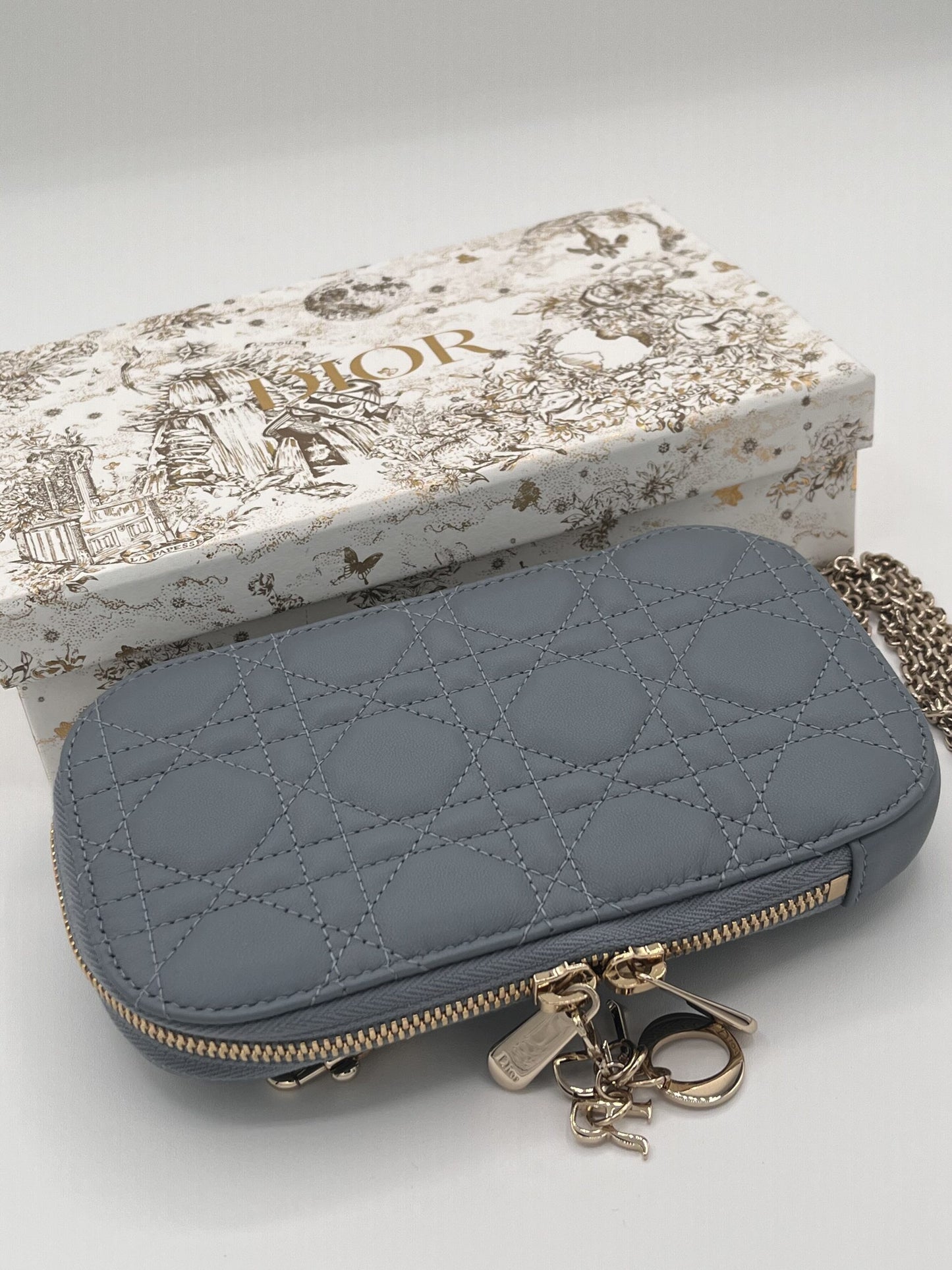 Dior Montaigne Phone Holder with Chain Strap - Blue Calfskin