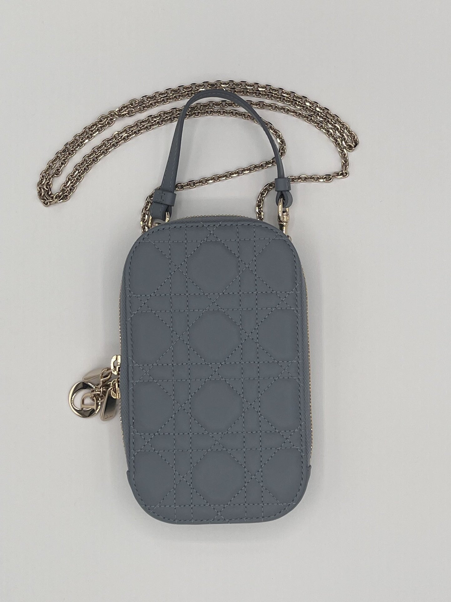Dior Montaigne Phone Holder with Chain Strap - Blue Calfskin