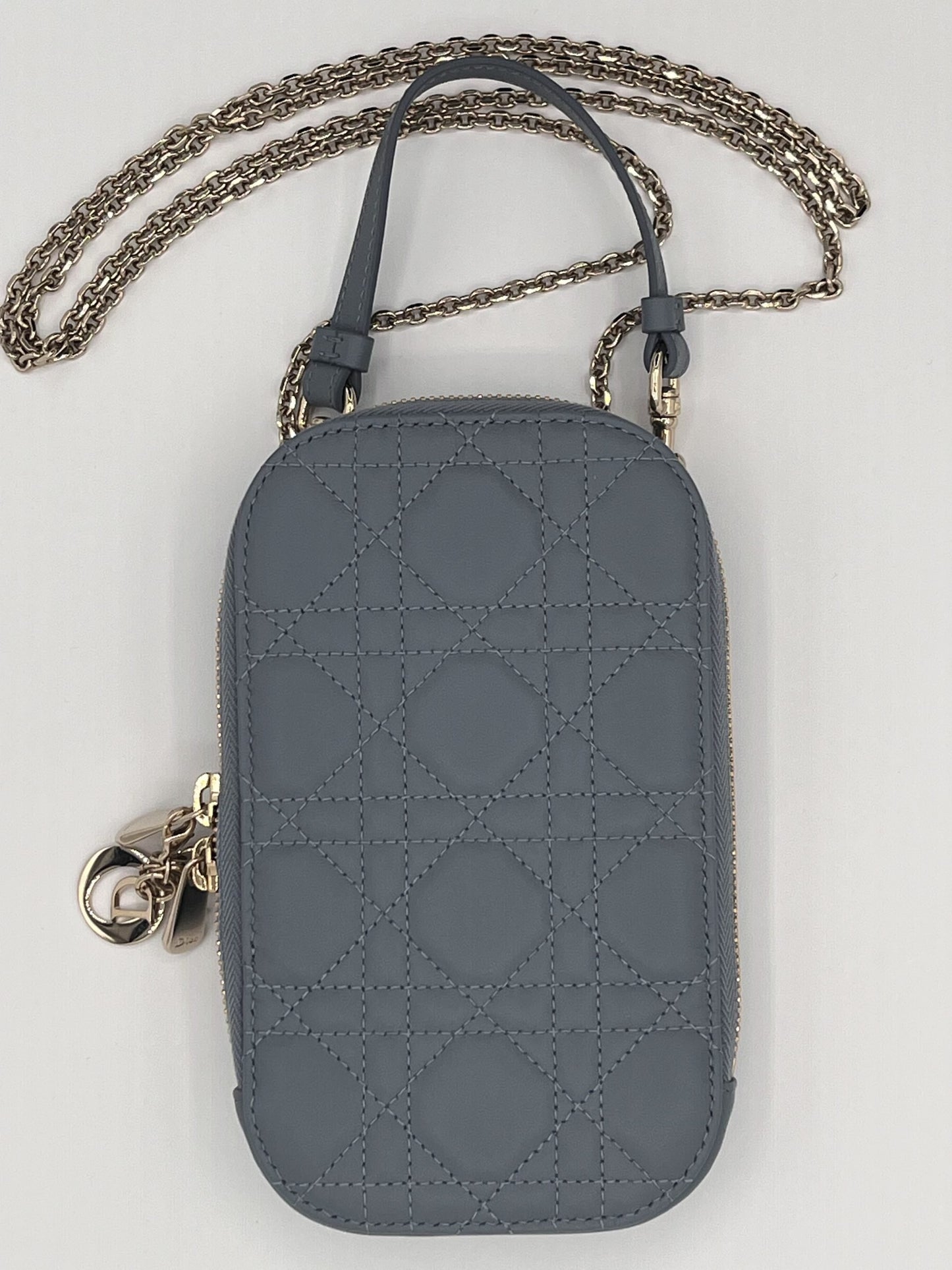 Dior Montaigne Phone Holder with Chain Strap - Blue Calfskin