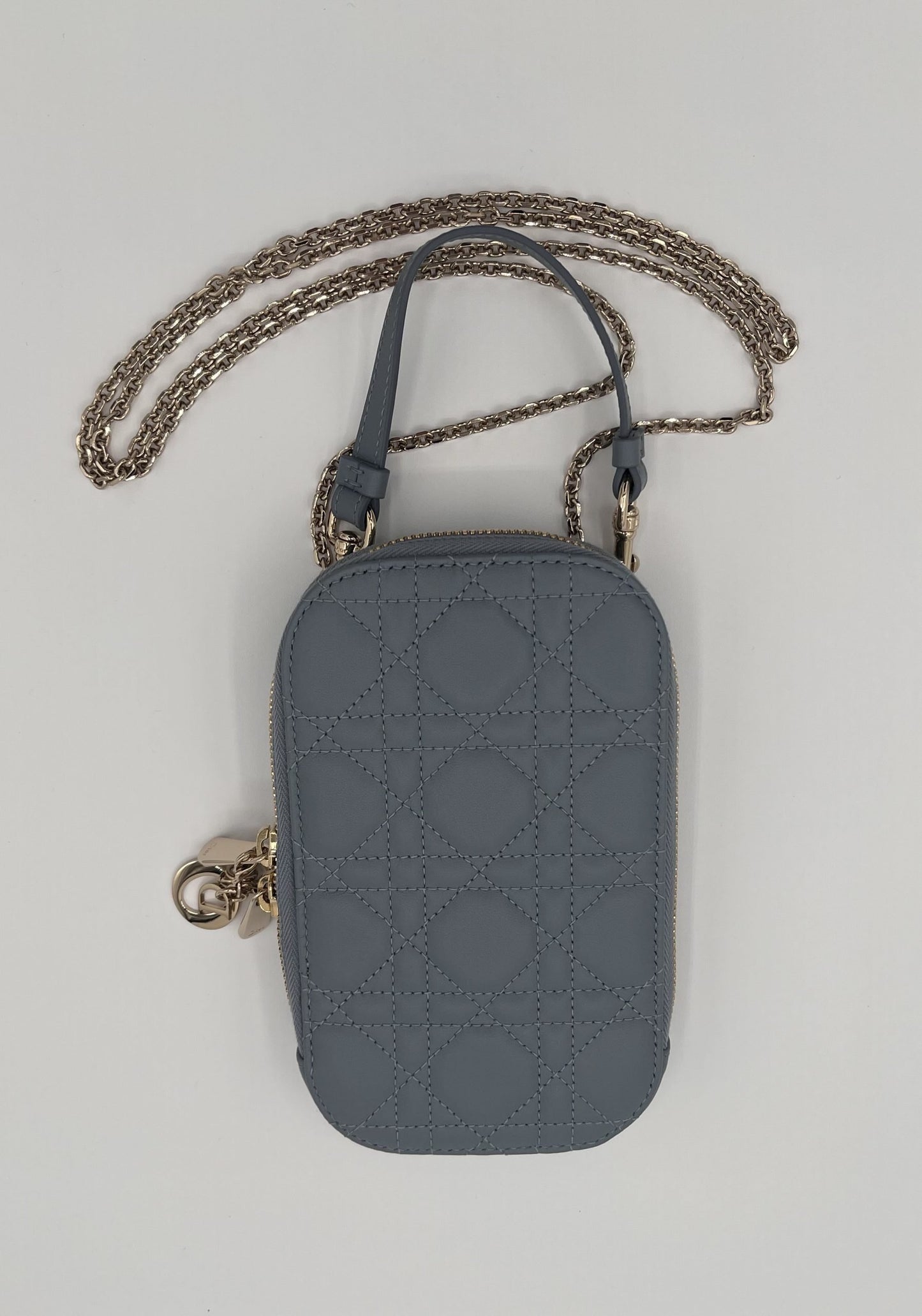 Dior Montaigne Phone Holder with Chain Strap - Blue Calfskin