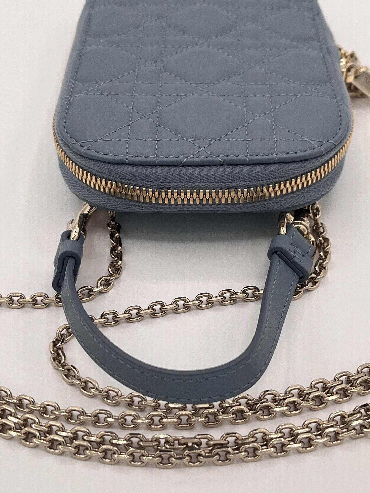Dior Montaigne Phone Holder with Chain Strap - Blue Calfskin