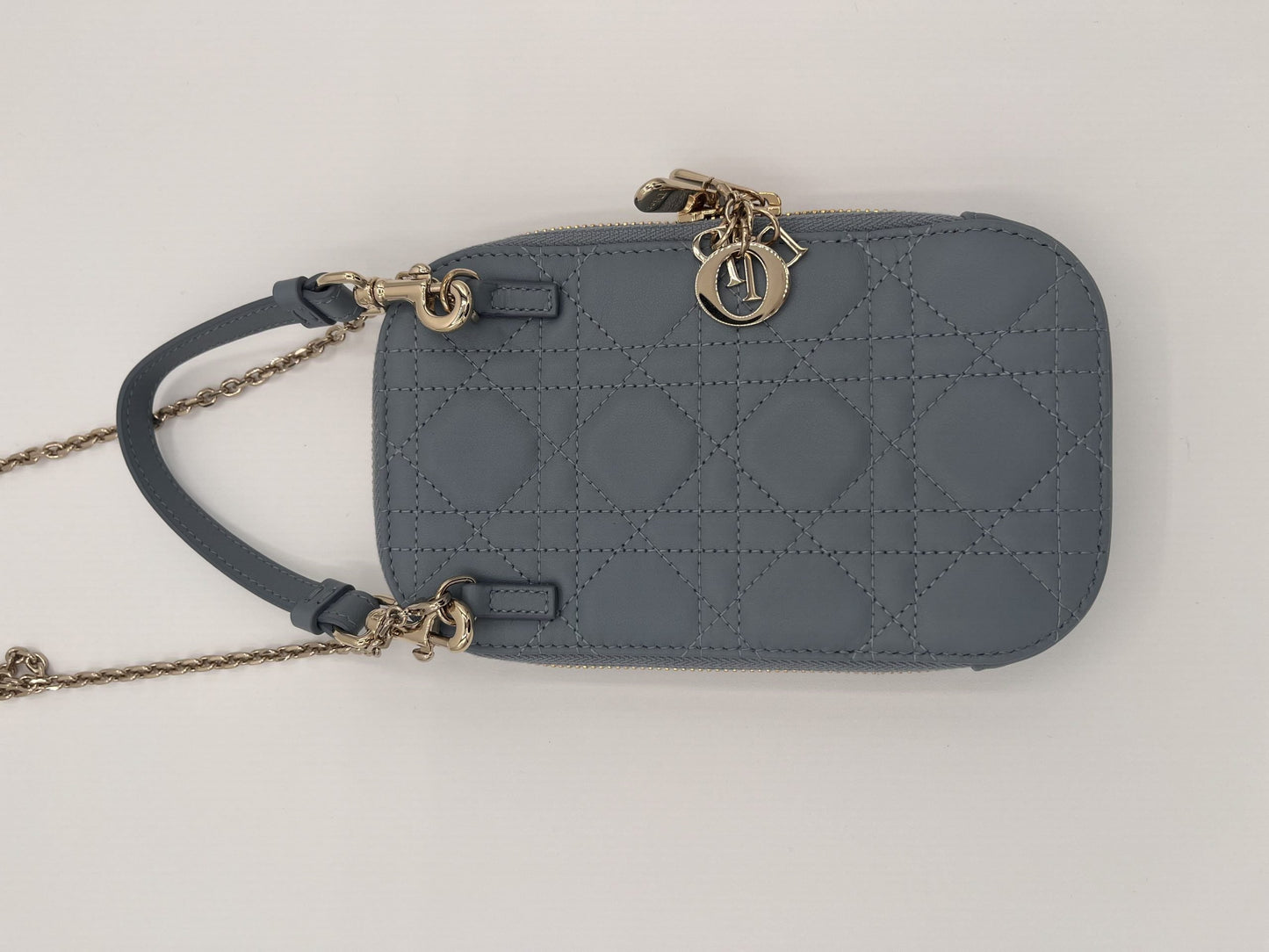 Dior Montaigne Phone Holder with Chain Strap - Blue Calfskin