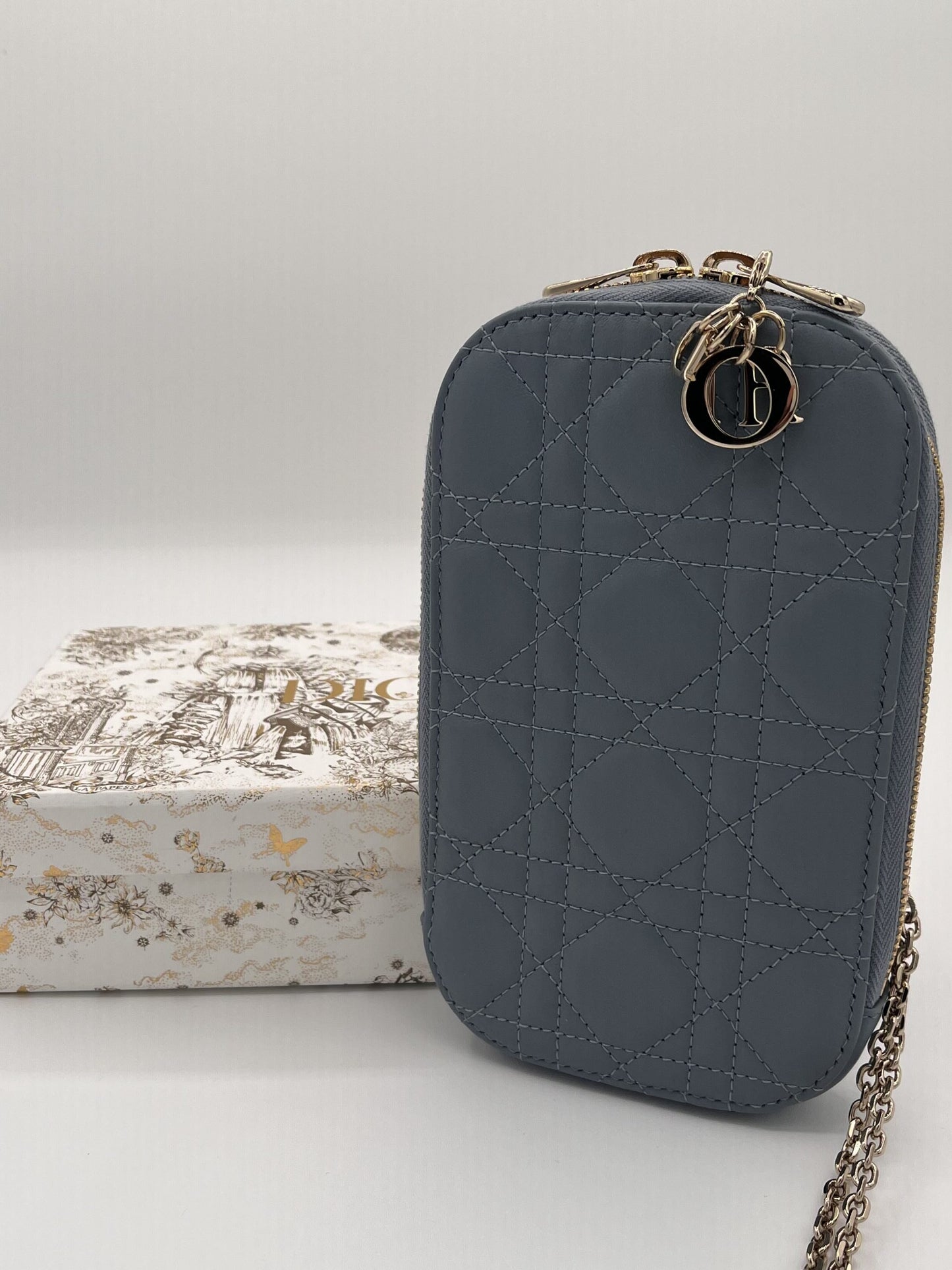 Dior Montaigne Phone Holder with Chain Strap - Blue Calfskin