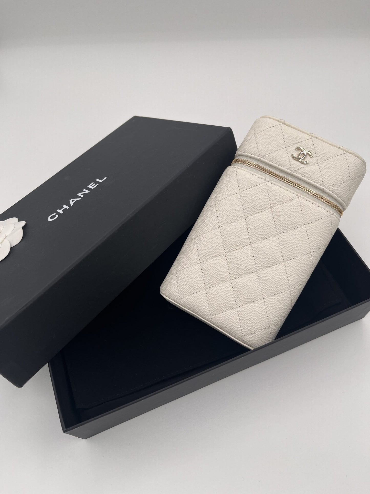Chanel Vanity Phone Holder in Quilted Caviar with Chain