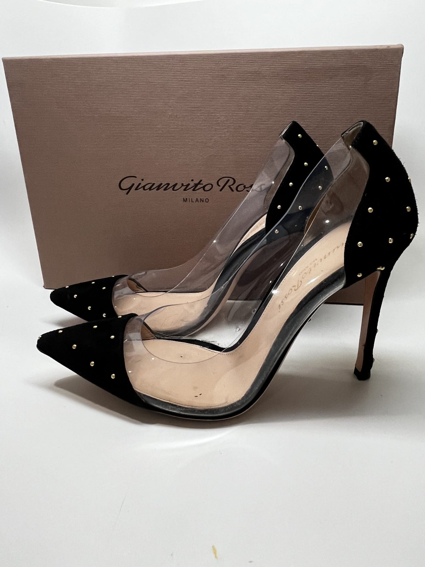 Gianvito Rossi PVC-Paneled Studded Suede Pumps
