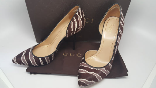 GUCCI NOAH PONY HAIR ZEBRA HIGH HEEL CUT-OUT PUMPS - SIZE 38.5