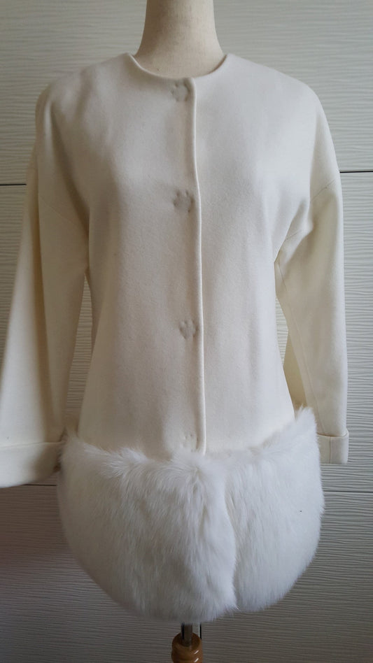 MCH PEARL WHITE WOOL JACKET WITH MINK TRIM - SIZE 6/ SMALL