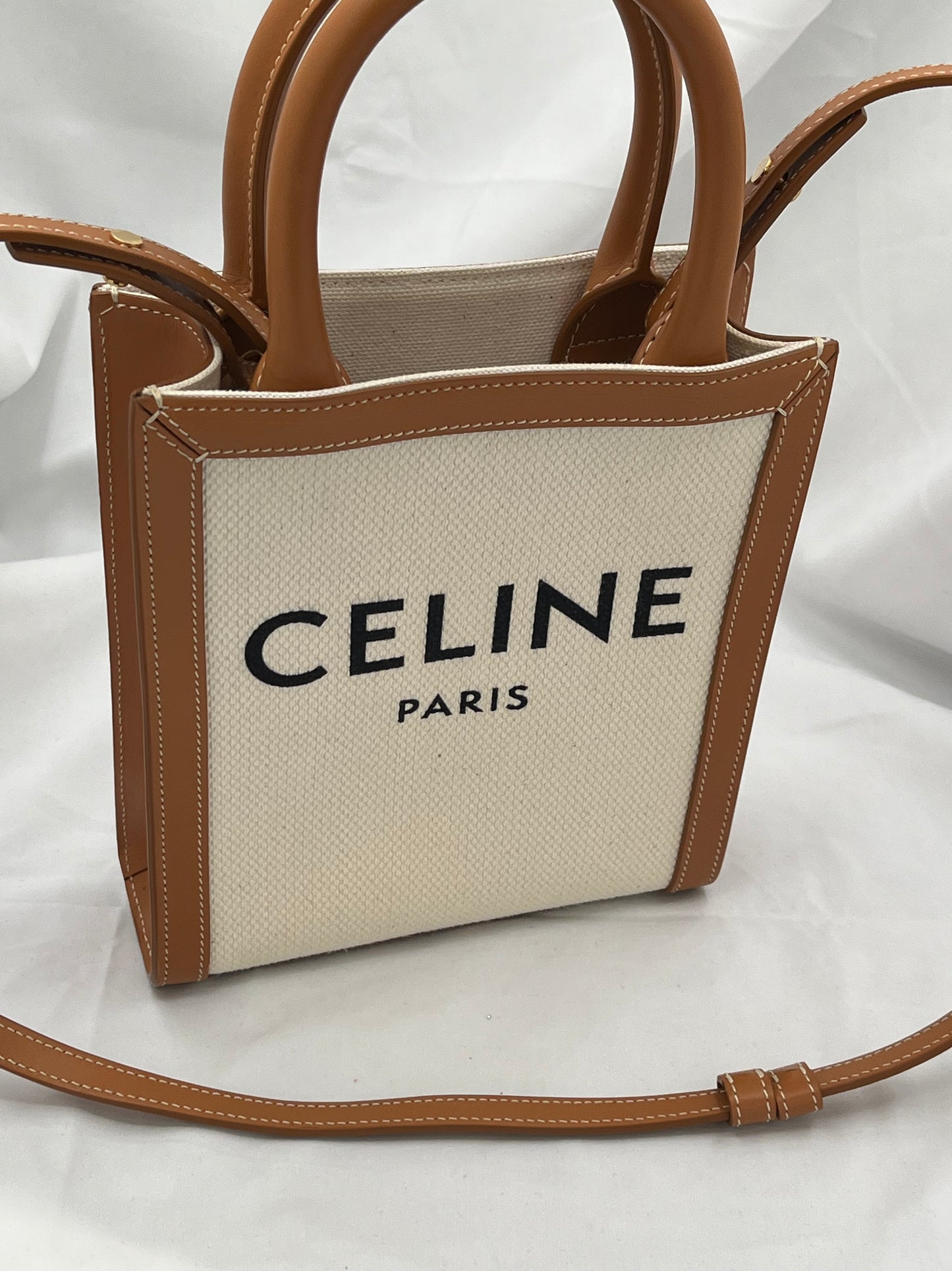 Celine Mini Vertical Cabas Tote Handbag With Strap White & Brown