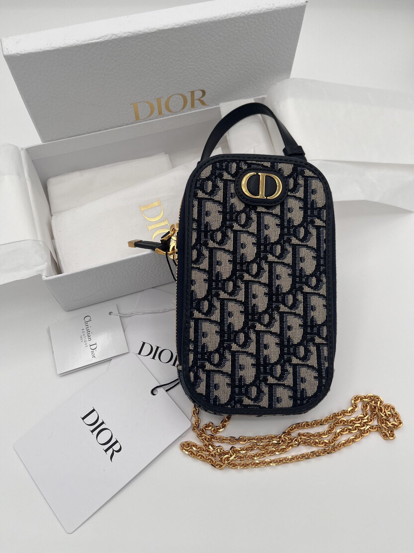 Dior Montaigne Phone Holder with Chain Strap - Blue Oblique Jacquard