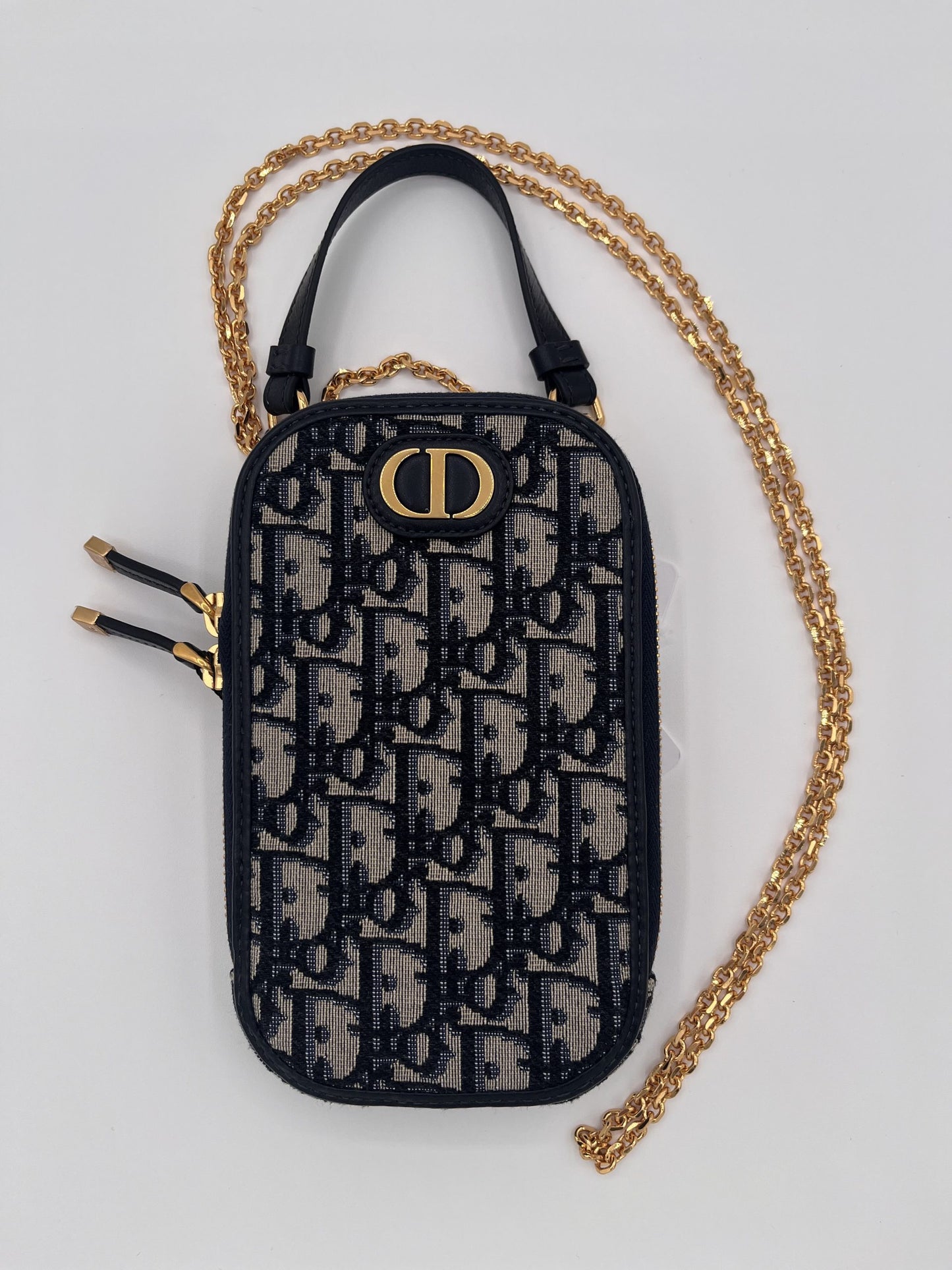 Dior Montaigne Phone Holder with Chain Strap - Blue Oblique Jacquard