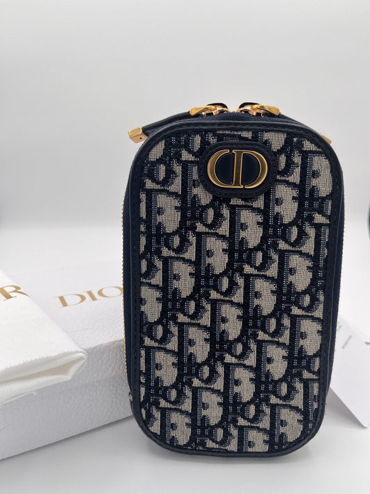 Dior Montaigne Phone Holder with Chain Strap - Blue Oblique Jacquard