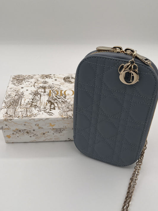 Dior Montaigne Phone Holder with Chain Strap - Blue Calfskin