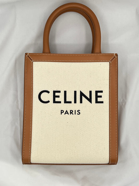 Celine Mini Vertical Cabas Tote Handbag With Strap White & Brown