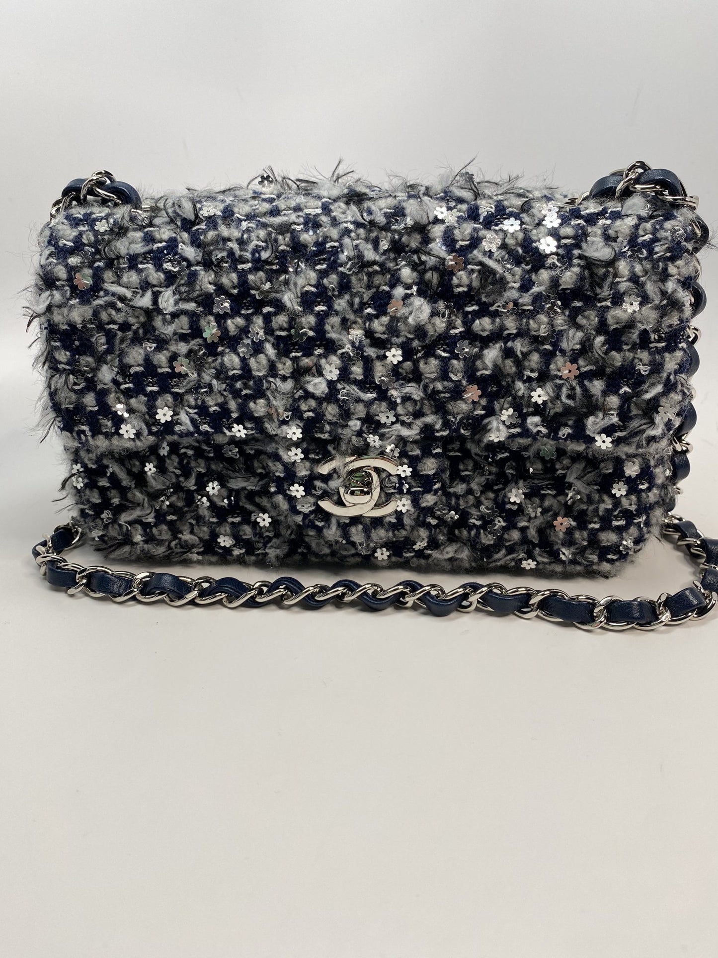 Chanel Embroidered Tweed Mini Flap Bag - Navy Blue