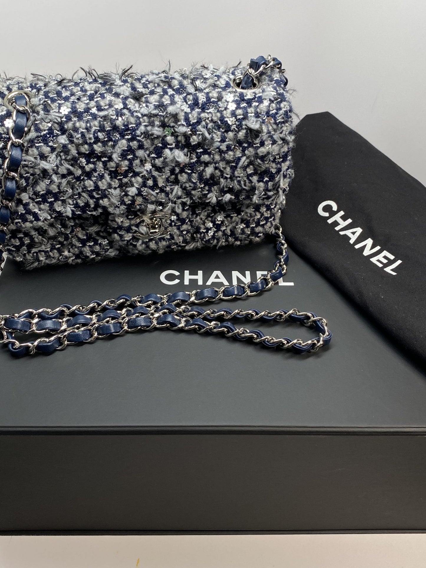 Chanel Embroidered Tweed Mini Flap Bag - Navy Blue