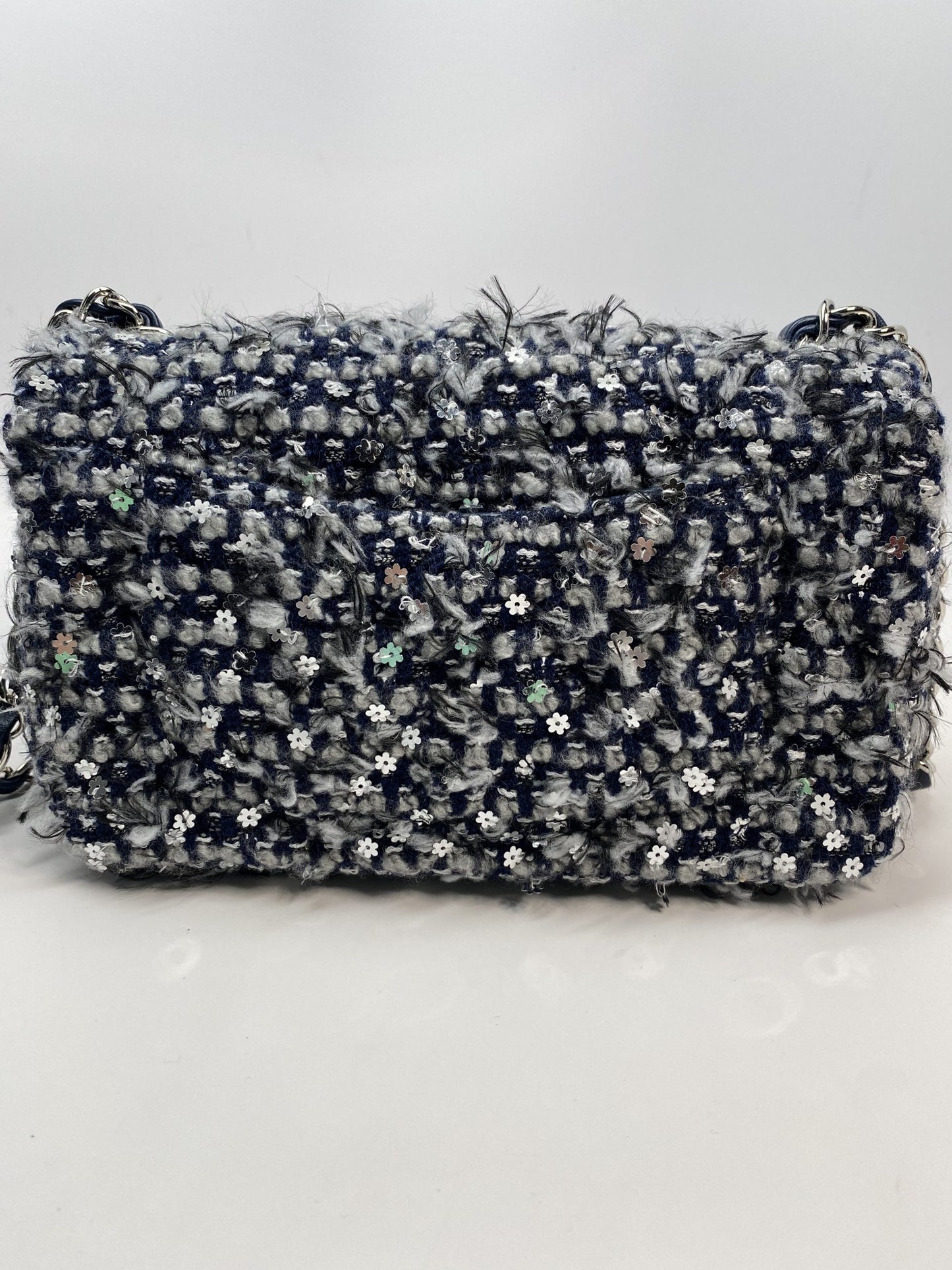 Chanel Embroidered Tweed Mini Flap Bag - Navy Blue