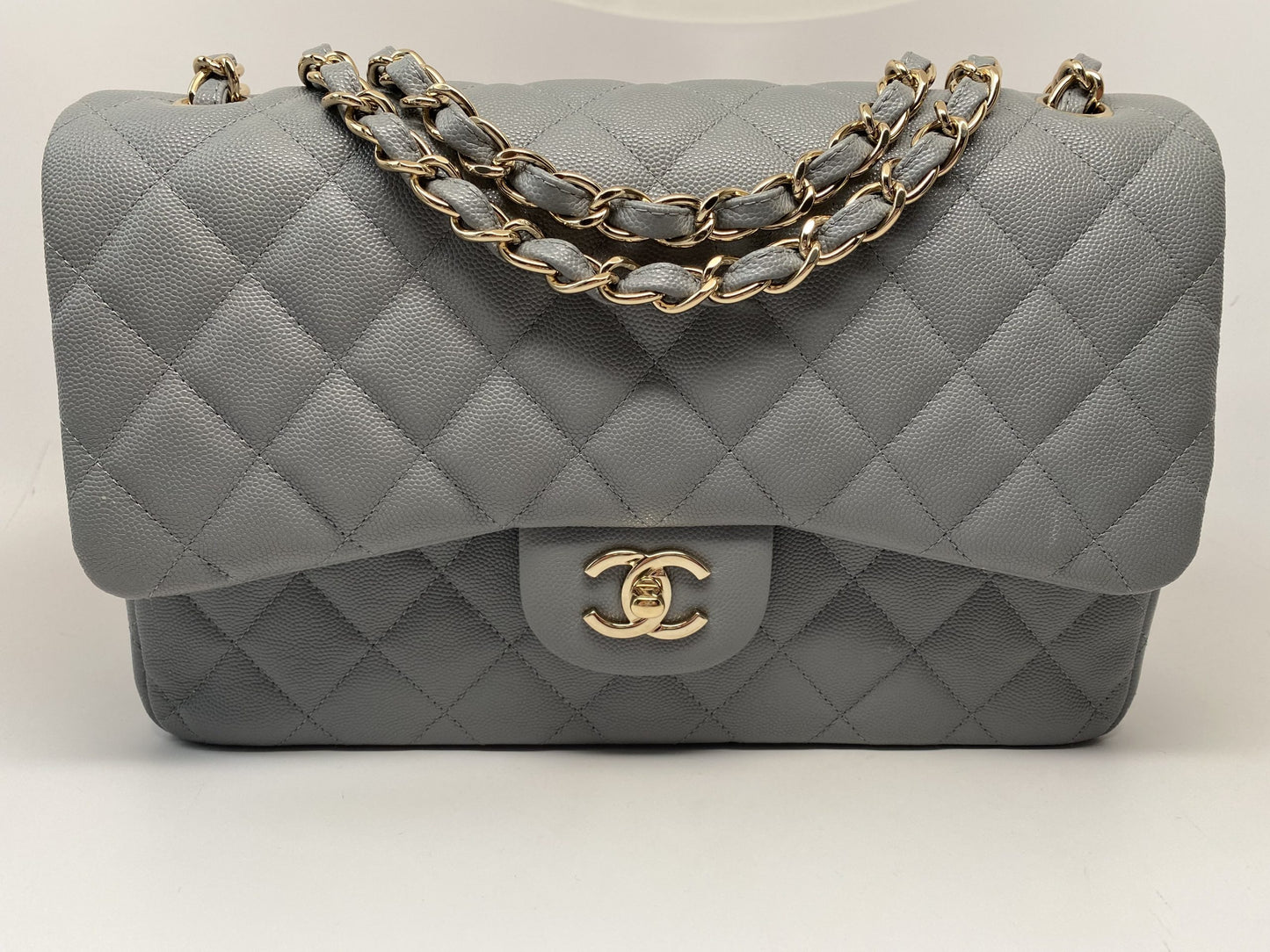 CHANEL LIGHT GRAY CAVIAR JUMBO CLASSIC DOUBLE FLAP BAG