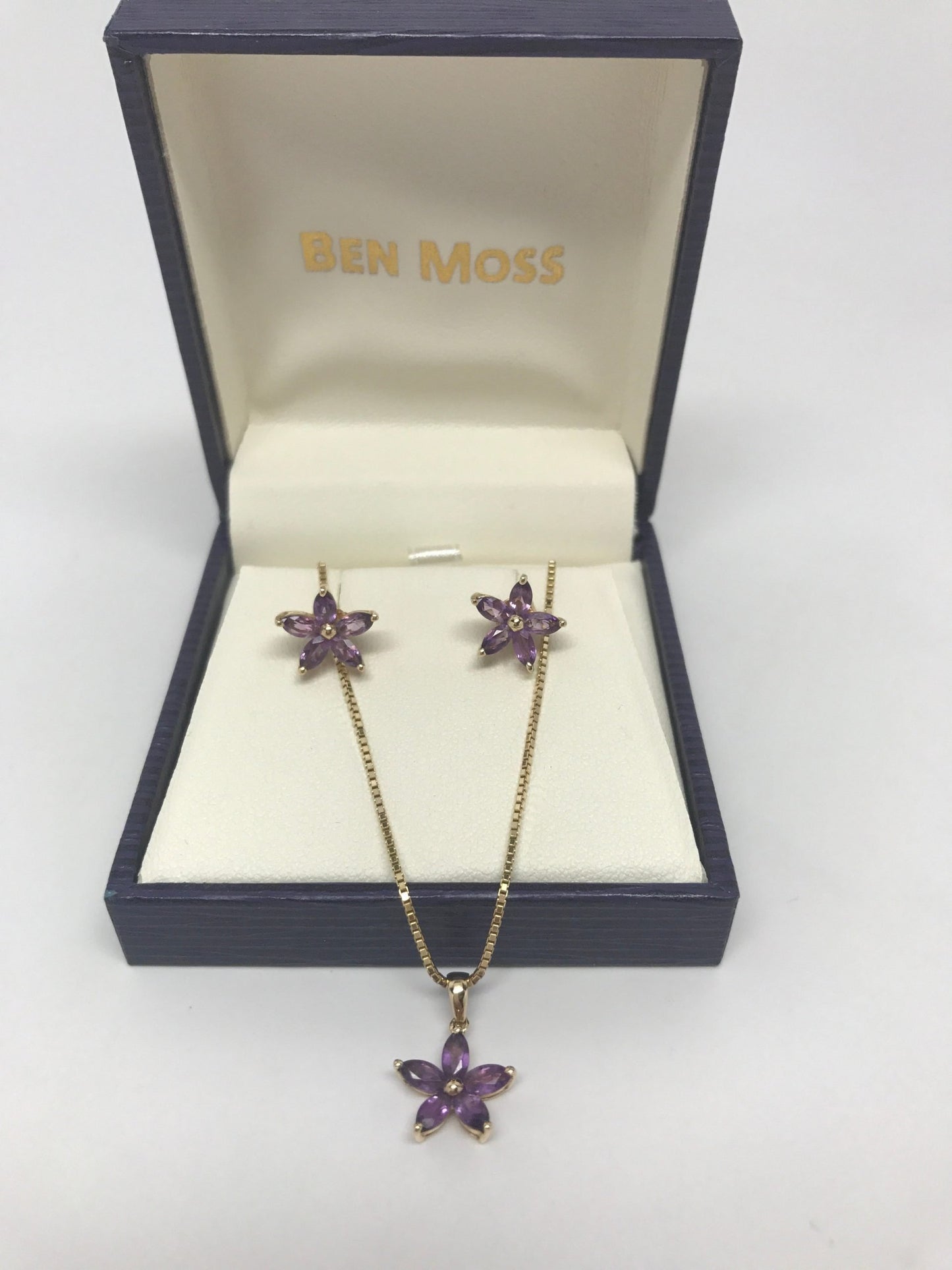 BEN MOSS YELLOW GOLD AMETHYST STUD EARRINGS & NECKLACE SET