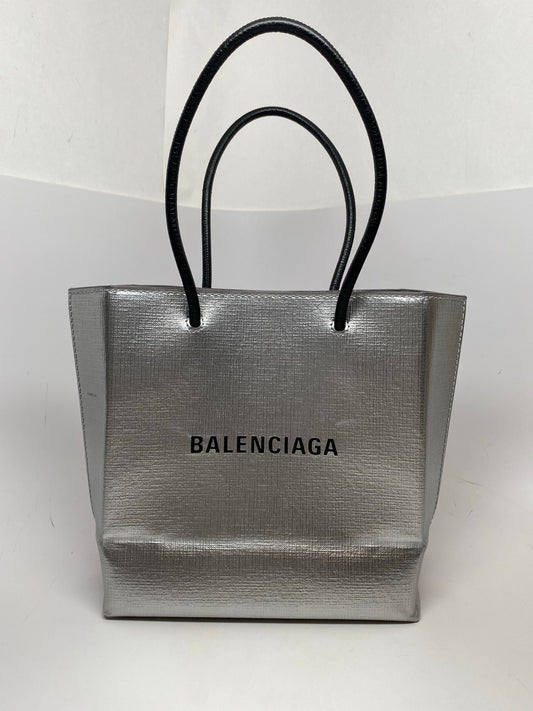 BALENCIAGA SHOPPING XXS NORTH SOUTH SILVER TOTE BAG